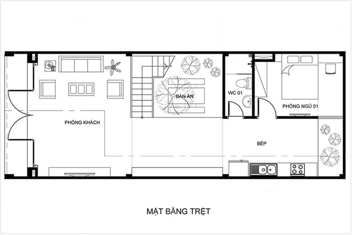 Mặt bằng tầng 1 mẫu thiết kế nhà ống đẹp 5x20